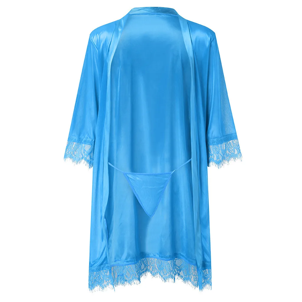 Модная женская сексуальная кружевная Пижама, атласная ночная рубашка с длинными рукавами, женское белье, пижама, костюм с поясом, сексуальное пеньюар для женщин