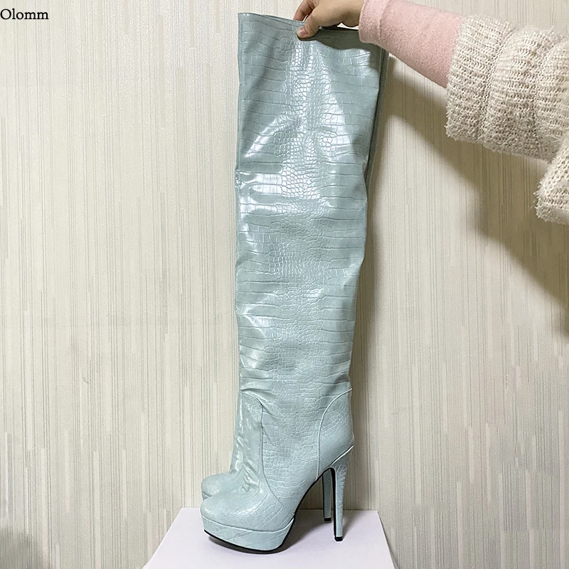 

Olomm Women Platform Over The Knee Boots Sexy Stone Pattern Stiletto Heels Round Toe Green Blue Party Shoes Women US Size 5-15