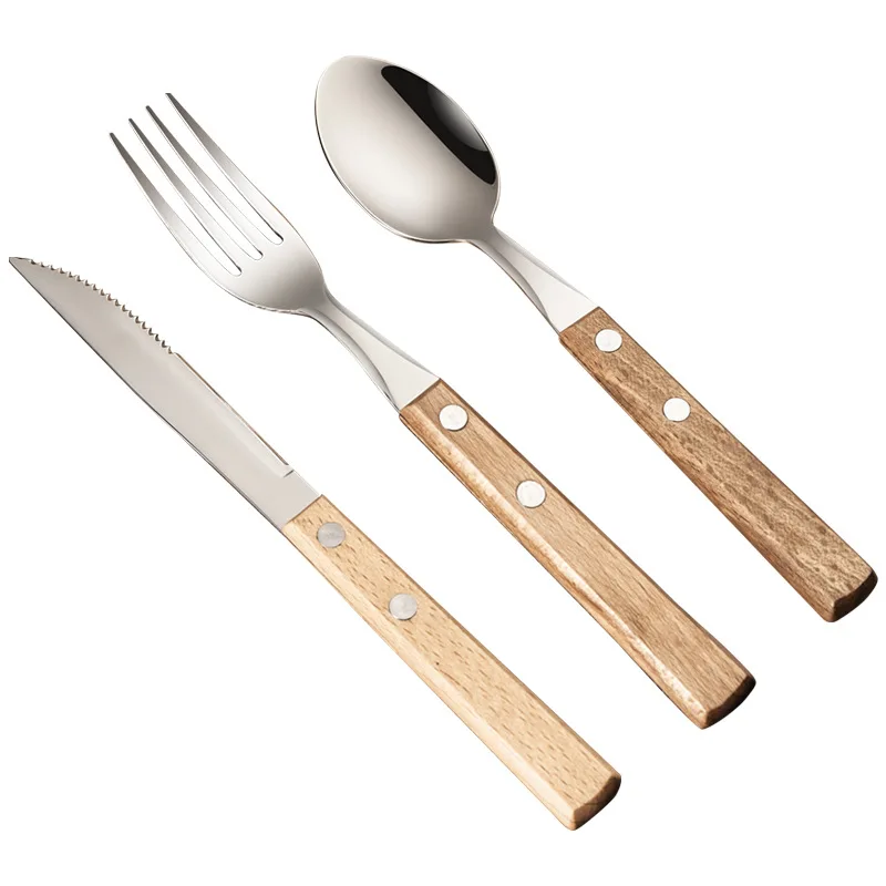 3pcs 304 Stainless Steel Creative Tableware Set Wooden Handle Spoon Steak Knife Fork Dessert