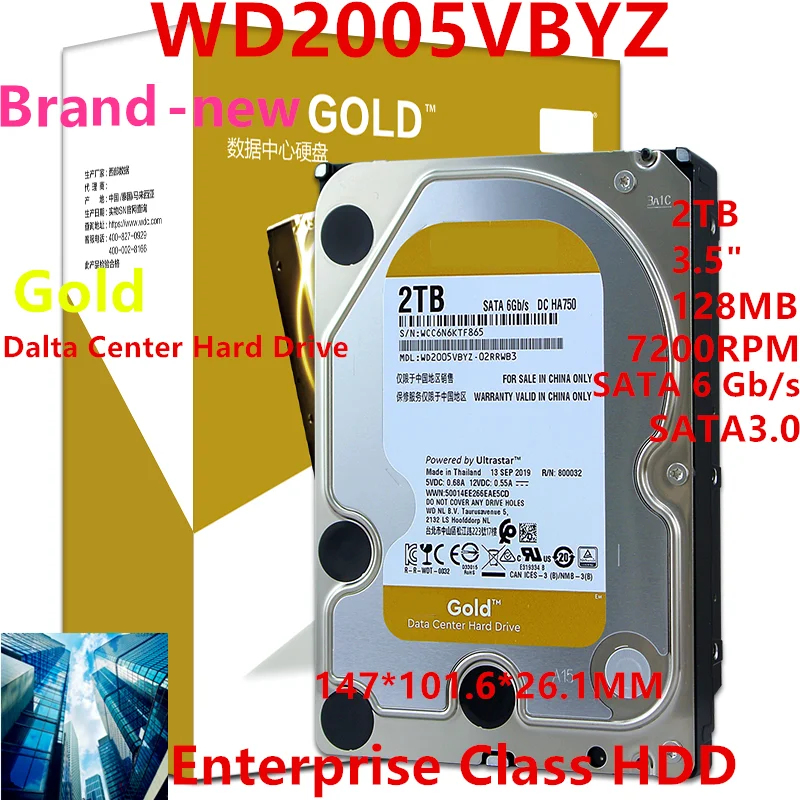 

New Original HDD For WD Gold 2TB 3.5" SATA 6 Gb/s 128MB 7200RPM For Internal Hard Disk For Enterprise Class HDD For WD2005VBYZ