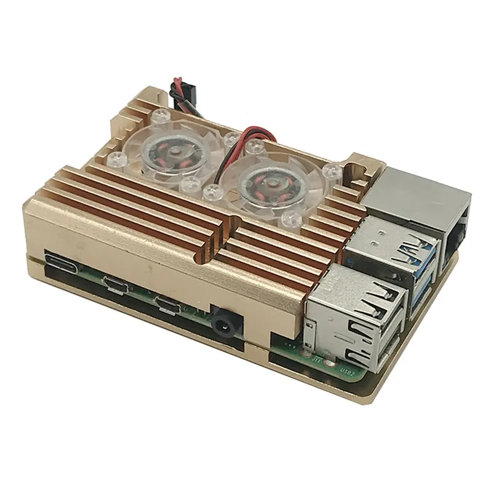 Для Raspberry Pi 4 Модель B алюминиевый защитный чехол алюминиевый чехол+ двойной вентилятор охлаждения Золотой сменный