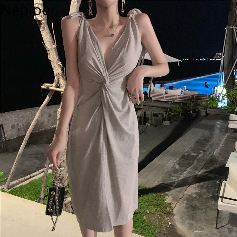 

Neploe Korean Summer New Waist Twisted Knot Split Bag Hip Vestidos Beach Holiday Sexy V-neck Harness Dress Empire Dress 45686
