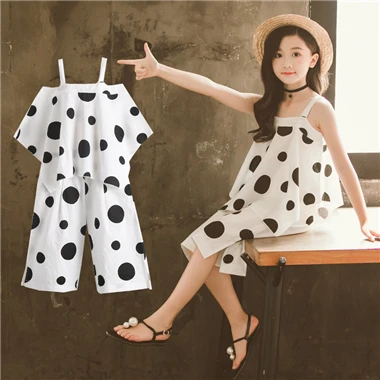 White Dot Set Летняя одежда для подростков, девочек, комплекты детская футболка+ широкие штаны; костюмы для детей короткий рукав детская одежда для девочек 7, 9, 10, 12, 13, 14 лет - Цвет: White Dot Set