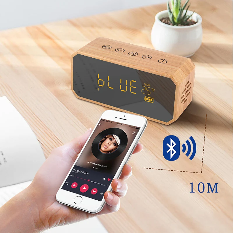 Будильник Деревянный Повтор Ретро цифровой Температура Bluetooth Динамик Зеркало Fm радио телефон Зарядка Поддержка TF карта гостиная