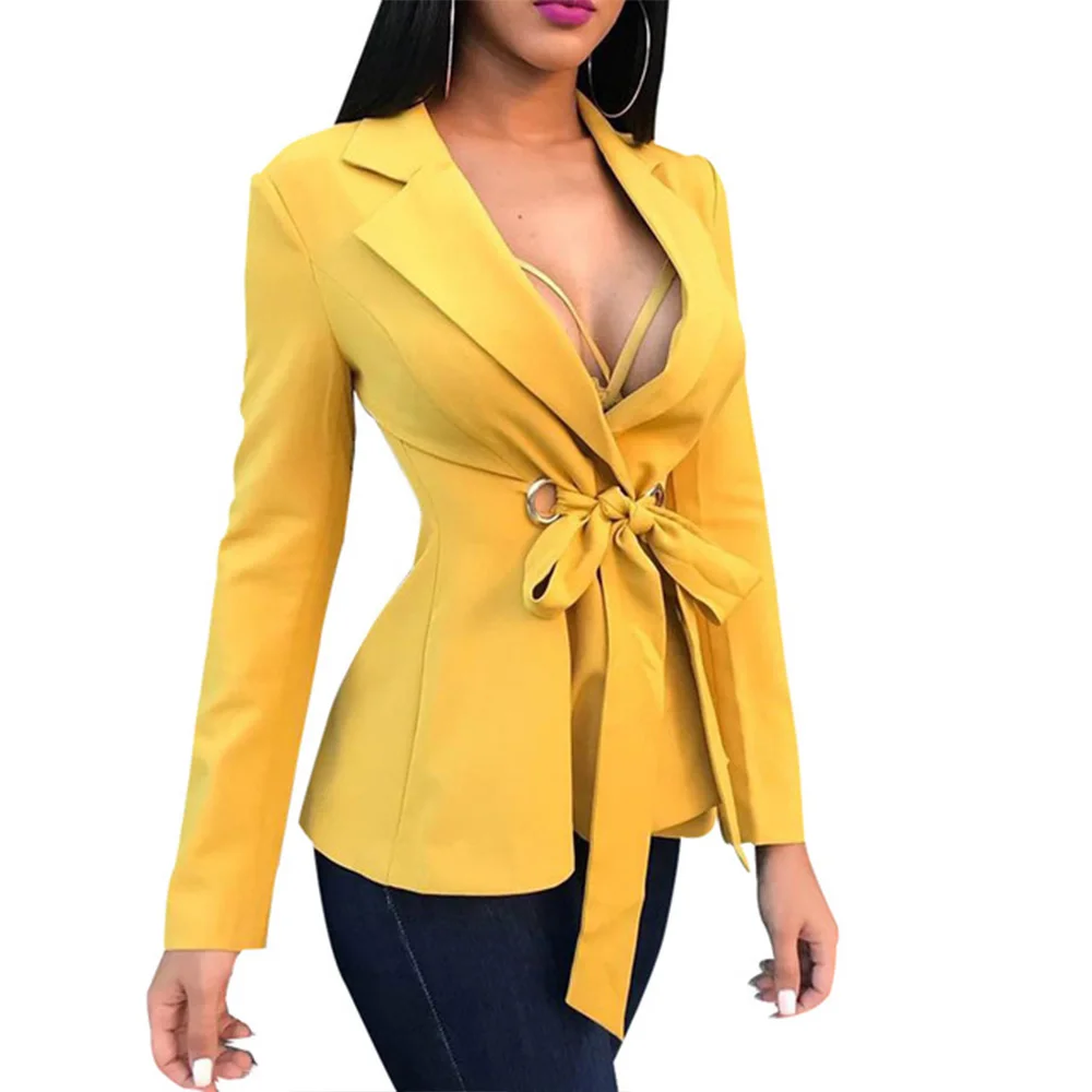 Seller Womens Blazers and Short Coats Solid Single Button Notched Office Lady Yellow Blazers Ladies Coats with Belt Bow Fashion Autumn