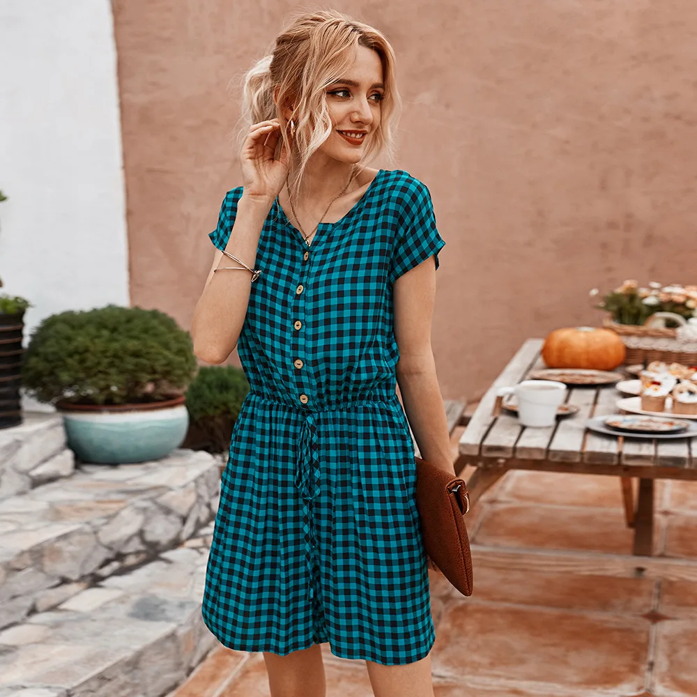 

Summer Loose Plaid Playsuits Women Office Lady Lace up Cotton Casual Button Playsuits 2020 New