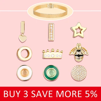 

FEOLEO Authentic 925 Sterling Silver Charms Sparkling CZ Golden Combination Original Reflection fit Original Pandora DIY Jewelry