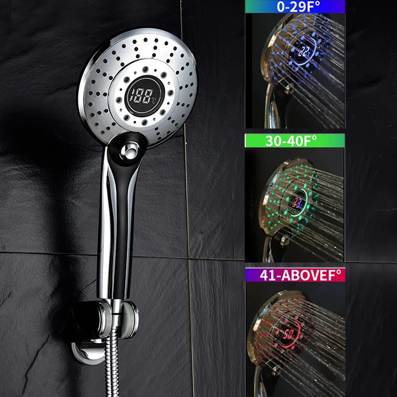 /2 Handheld Bathroom LED Shower Spray Head With Digital Temperature Displa 