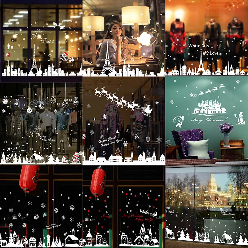 

2020 Merry Christmas Wall Stickers Window Glass Shop Showcase Decoration Removable White Mural Films Building Town Tower Decals