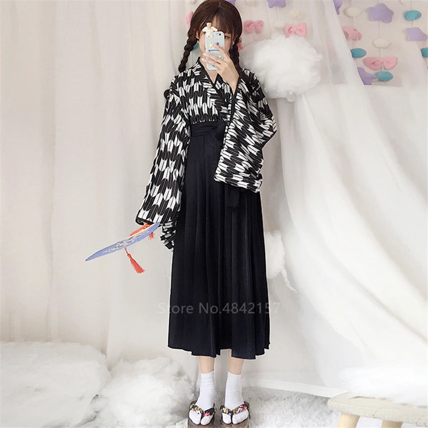Кимоно платье перо в японском стиле Kawaii девушки юката полный рукав Haori плиссированные юбки самурайский для костюмированной вечеринки и Хеллоуина Косплей