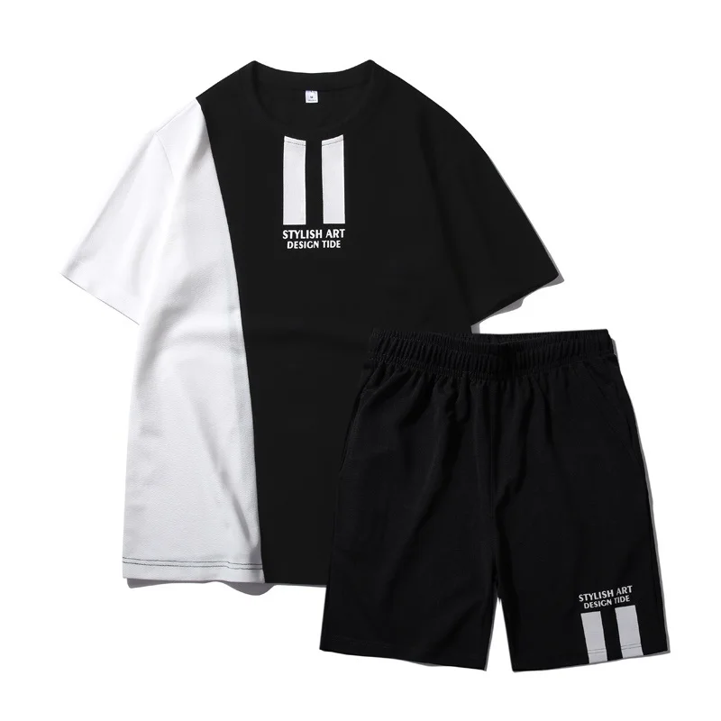 

Men Tracksuit 2020 Summer New Casual Sets Solid Patchwork T shirts +Shorts 2PC Sweat Suit Mens Sportswears Loose Tee Shirts Sets
