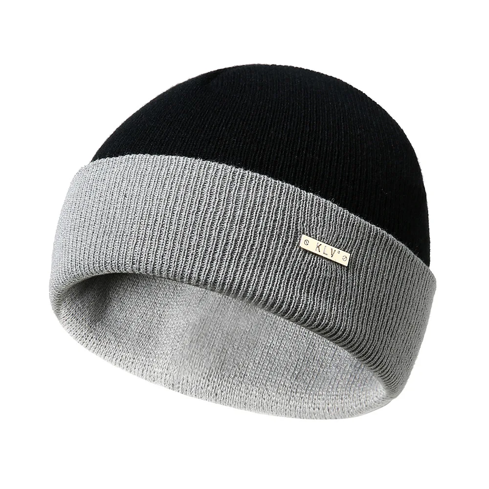 Unisex Common Beanies Double-sided Contrast Acrylic Yellow Knit Cap Ski Jumper hats for Women Brimless Cap Autumn And Winter - Color: Gray