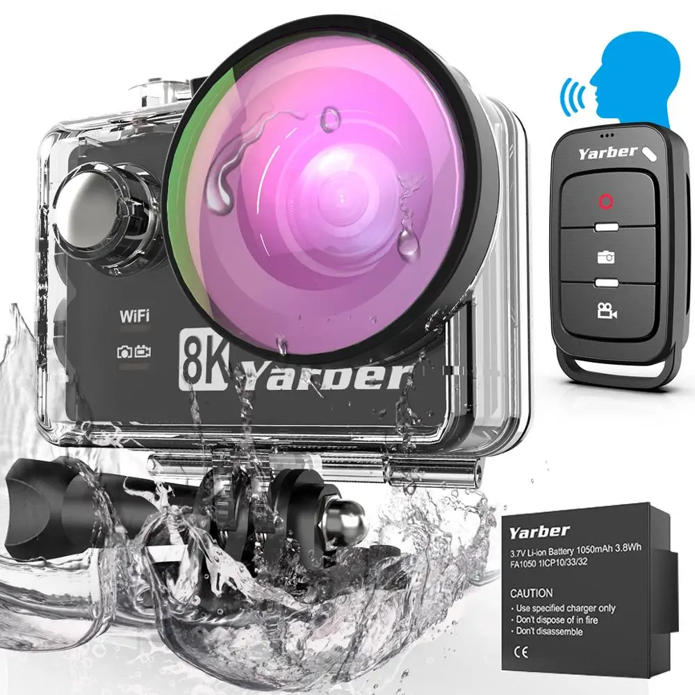 Экшн камера Yarber 8K Wi Fi 4K 60fps 20 МП HD 40 м водонепроницаемая с голосовым дистанционным