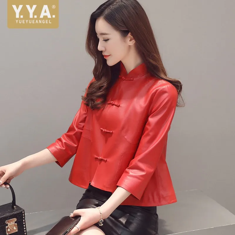 

Vintage Genuine Leather Jacket Women New Mandarin Collar Chinese Style OL Real Leather Coat Short Single Breasted Chaqueta Mujer