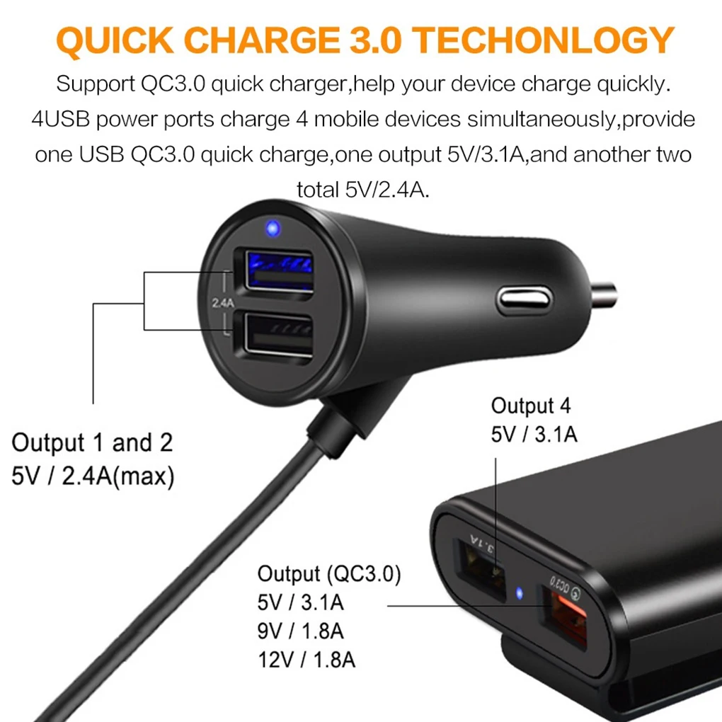 4 usb порта портативное 3,0 автоматическое быстрое зарядное устройство 4U зарядное устройство адаптер заднего сиденья авто-зарядное устройство