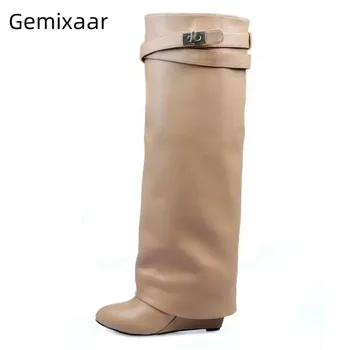 

2020 Chic Shark Lock Boots Women Narrow Belt Buckle Slim Med Calf Botas Round Toe High Wedges Heel Cool Knight Boots Woman Mujer