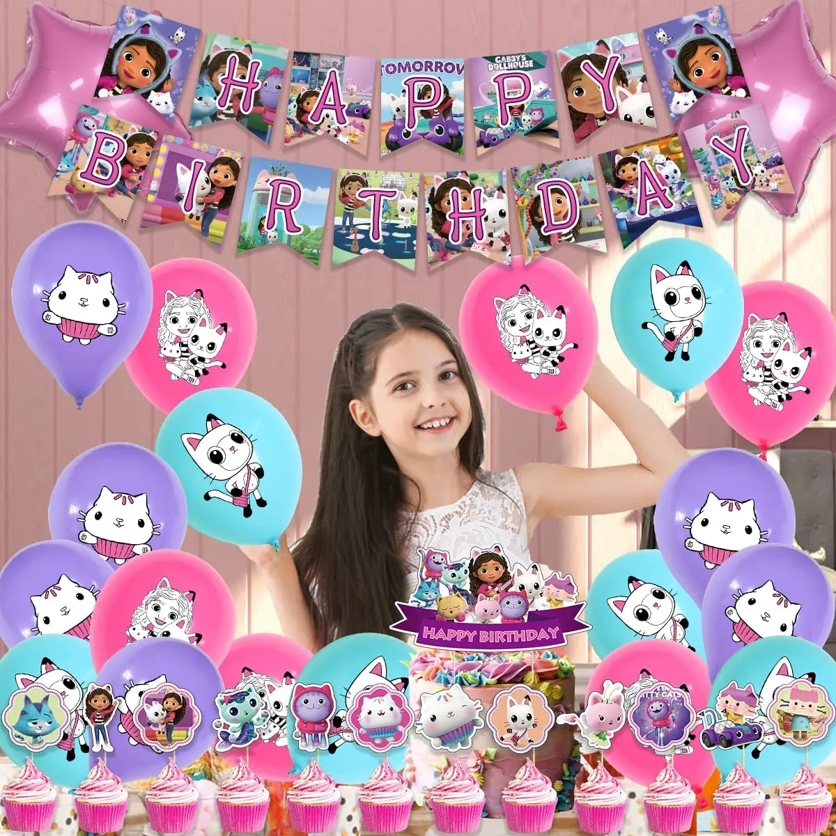 Gabby Dollhouse pudełka na cukierki materiały urodzinowe Gabby ciasto dekoracje talerze kubki Banner balony dziewczyny Baby Shower Favor