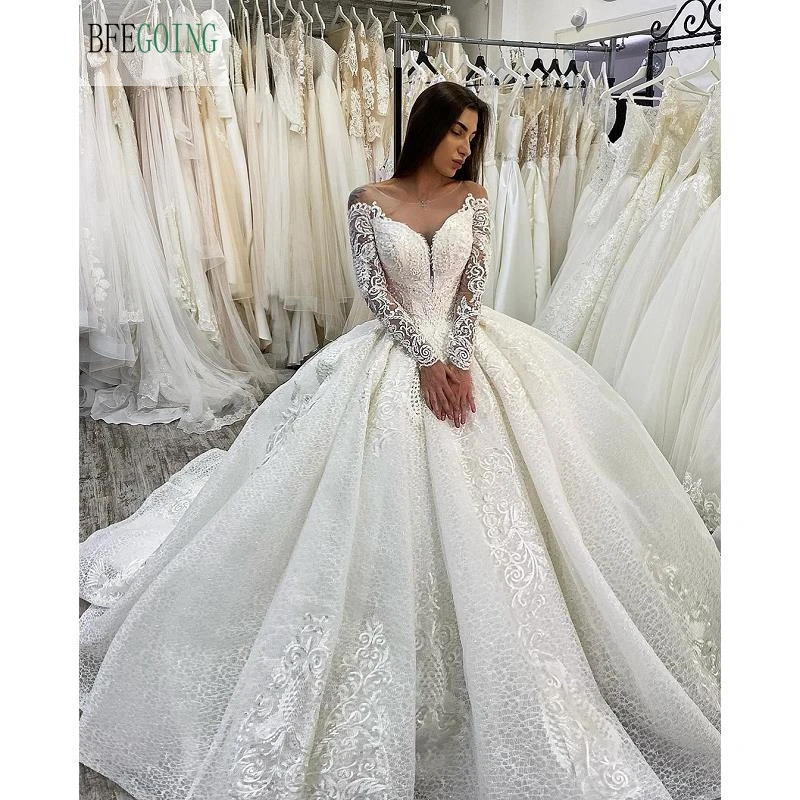 Ivory Lace Tulle  Beading Scoop Long Sleeves Floor-Length Ball Gown Wedding Dress Chapel Train Custom Made casual wedding dresses
