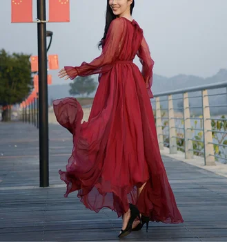 Female Clothing Elegant Flowy Chiffon High Quality Loose Belt Maxi Boho Dress New Beach Party/ናይ ኣዋልድ ነዊሕ ክዳን ዓይነት ሽፎን - Image 5