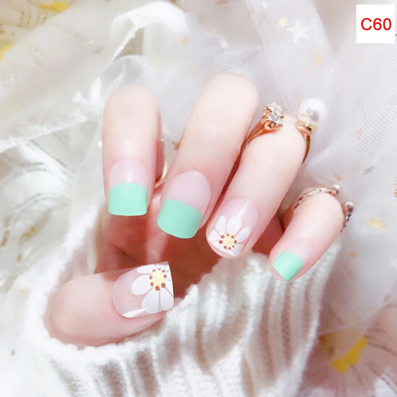 24pcs Green White Little Flower Fake Nail Art Decoration Short Square Head Full Cover False Nails Tips with Glue Sticker file