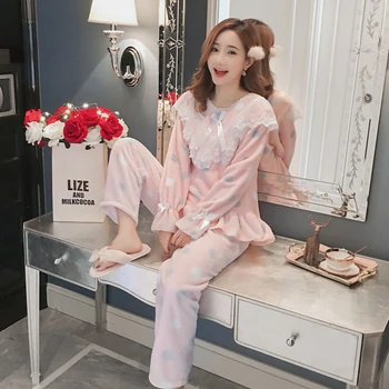 

Autumn winter lady Pajama Princess flannel fashion lace lace lace comfortable warm long sleeve pants home suit JJF0084