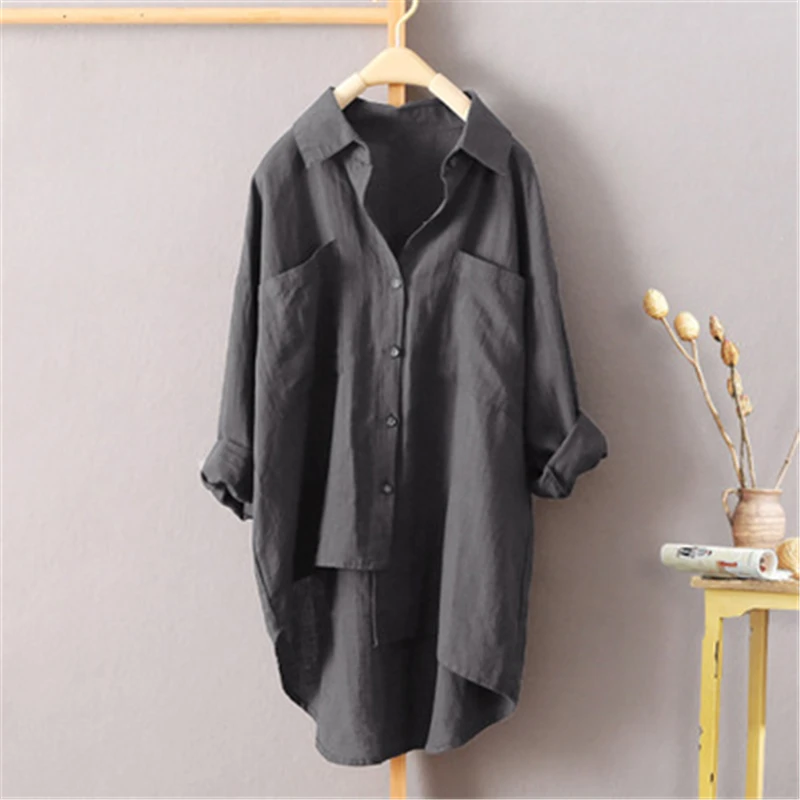 

Women Plus Size Shirts Spring Autumn Long Sleeve Breathable Irregular Shirt Pocket Casual Loose Blouse Solid Color Streetwear