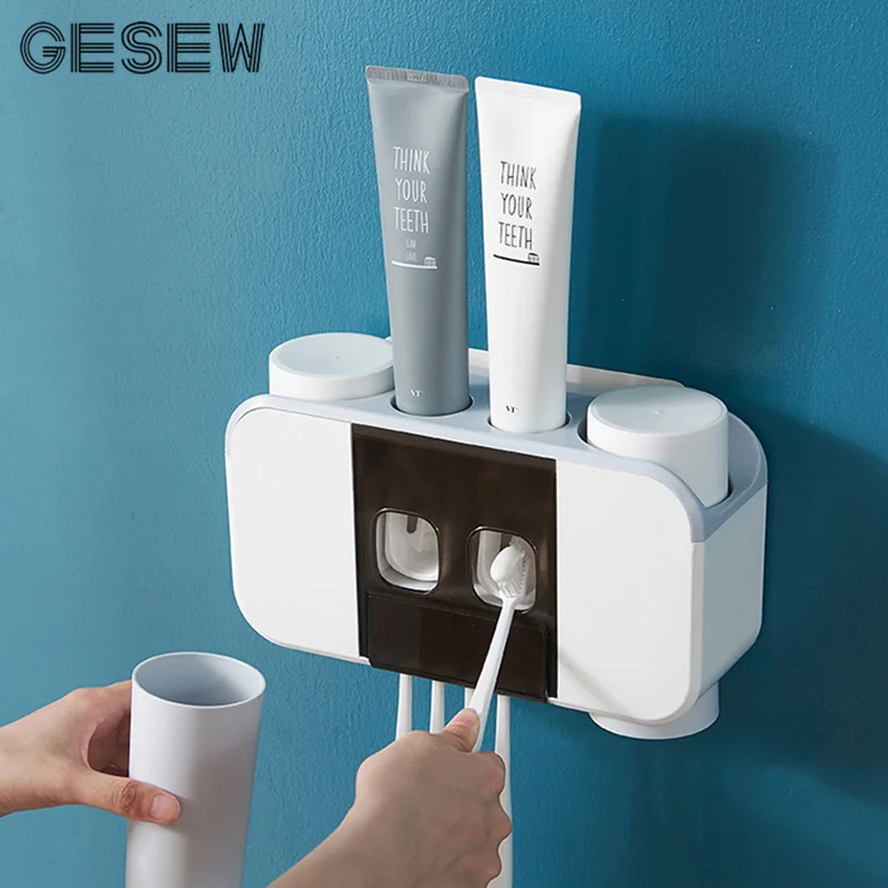 

GESEW Wall Mounted Toothbrush Holder Automatic Toothpaste Dispenser Free-punch Toothbrush Case Home Bathroom Accessories Sets