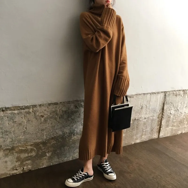 

Autumn Winter Women Turtleneck Casual Dress Solid Split Plus Size Dress High Street Long Long Sleeve Loose Sweater Dress