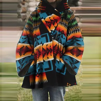 

New Autumn Winter Fashion Womens Casual Retro Printed Long Sleeve Hooded Coat Claw Button Winter Jacket Warm Thicken Jaqueta