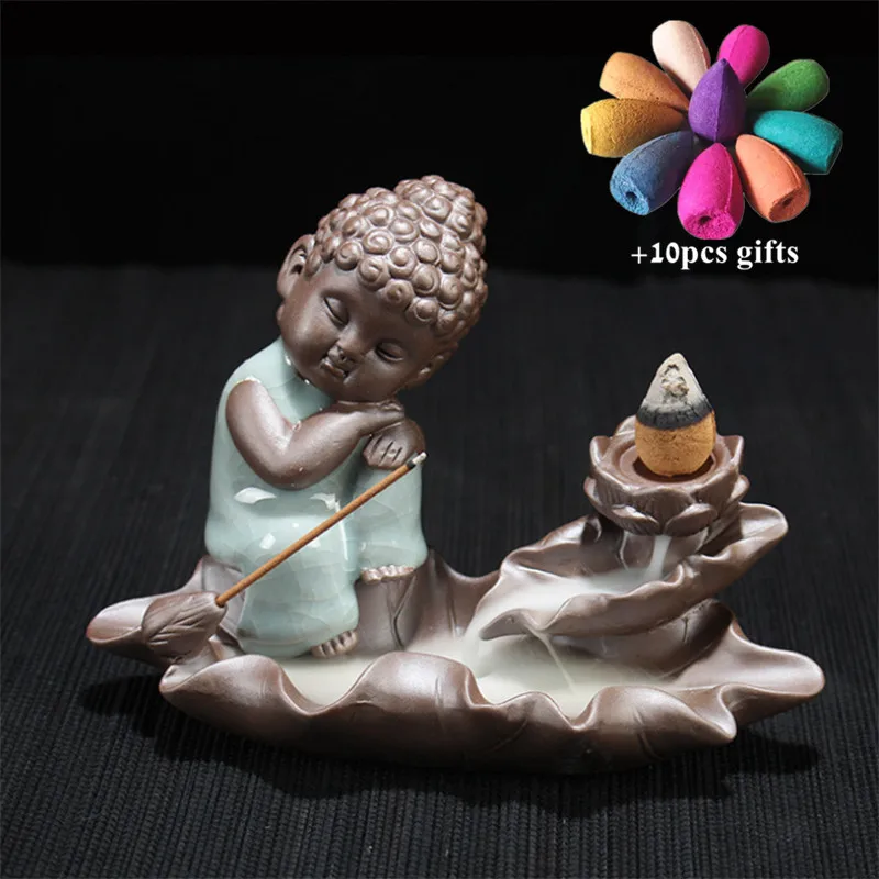 

Ceramic Glaze Ice Crack Buddha Backflow Incense Burner Little Monk Incense Stick Holder Smoke Waterfall Censer + 10pcs Cones