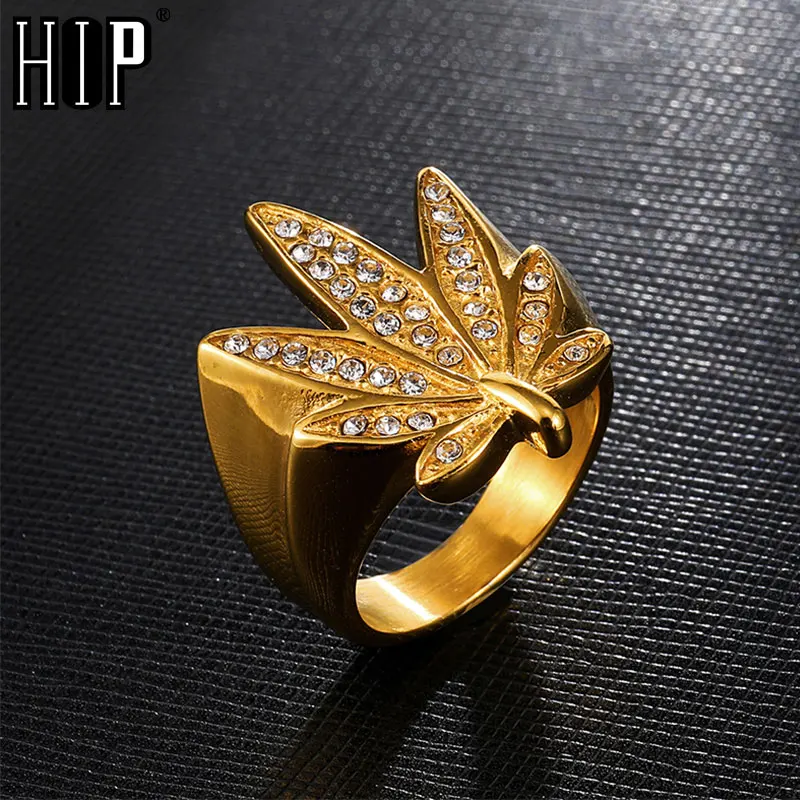 HIP Hop Iced Out Weed Maple leaf Bling Gold Color Stainless Steel Ring Micro Paved Rhinestone Rings for Men Jewelry | Украшения и