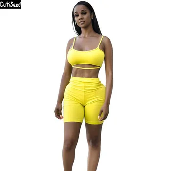 

Women New Fashion Sports Casual Sets Clothes Female Spaghetti Strap Hollow Out Short Top+Short 2pc Set Suits Ladies Casual Sets
