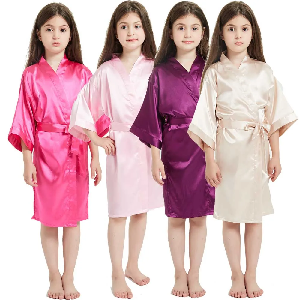 New Fashion Night Play Silk Satin Bathrobe Kids Girl Sleepwear Kimono Robe Wedding Party Flower Baby Nightdress Solid Bath Towel