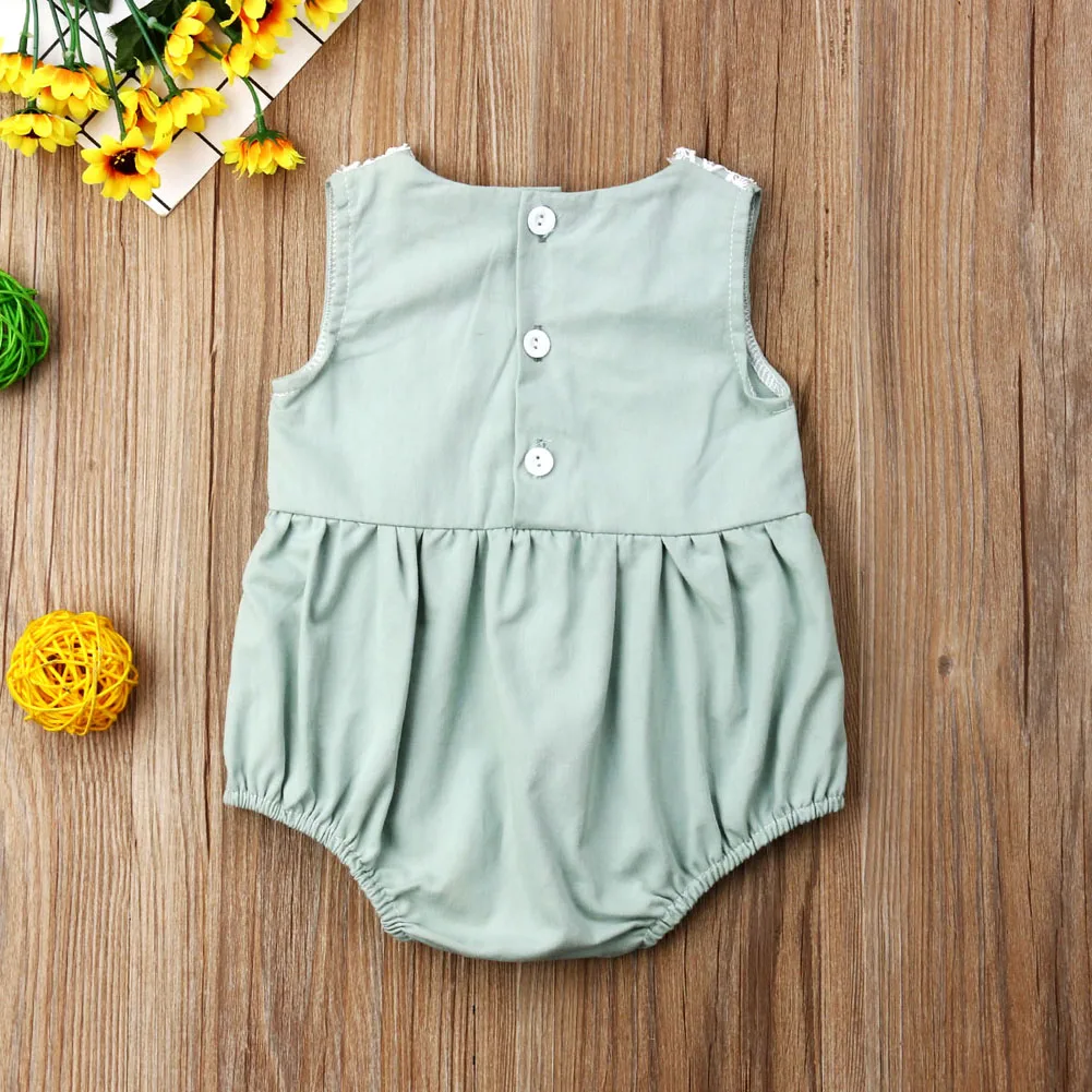 Toddler Infant Baby Girl Bodysuit Summer Lace Sleeveless Round Neck Bow Jumpsuit Solid Sunsuit Clothes Cute Clothing