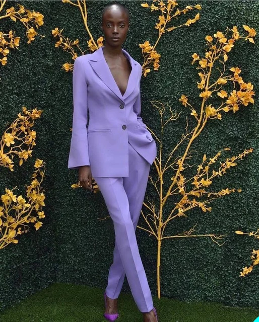 Purple Elegant Women Suits Peaked Lapel Pocket Custom Made Blazers 2 Pieces  Set (Jacket+Pants) Fashion Streetwear Daily Coat