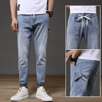 

The new 2020 jeans men popular logo summer thin section han edition joker breathable feet nine minutes of pants pants