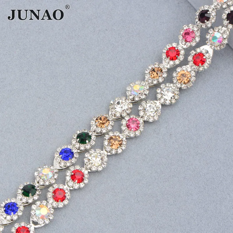 Random MIx Color JUNAO, 1 ярд, серебряная основа, красные стеклянные стразы, цепочка для шитья, металлическая отделка, кристаллы, камни, лента для аппликации, плоская задняя сторона, страз, окантовка - Цвет: Random MIx Color