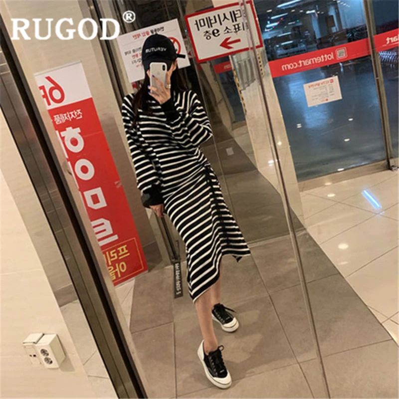 RUGOD Новое Осеннее длинное платье ropa mujer с круглым вырезом, в полоску, на шнуровке, тонкое асимметричное платье, модное женское Повседневное платье в Корейском стиле