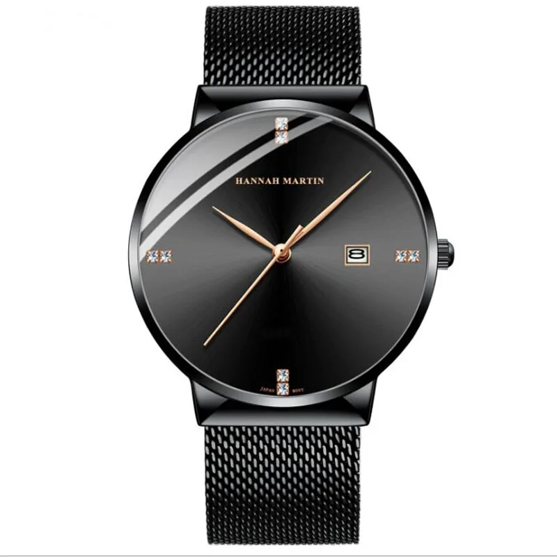 H-black gold Модные мужские водонепроницаемые кварцевые часы Японский календарь для отдыха из нержавеющей стали сетчатый ремень с бриллиантами часы - Цвет: H-black gold