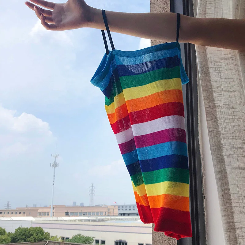 Rainbow HLHPYHB Rainbow Stripes Tanks Vest Women Sexy Female Knitted Tanks Tops Summer Holiday Beach Camisole Fashion Thin Straps Camis - Цвет: Rainbow