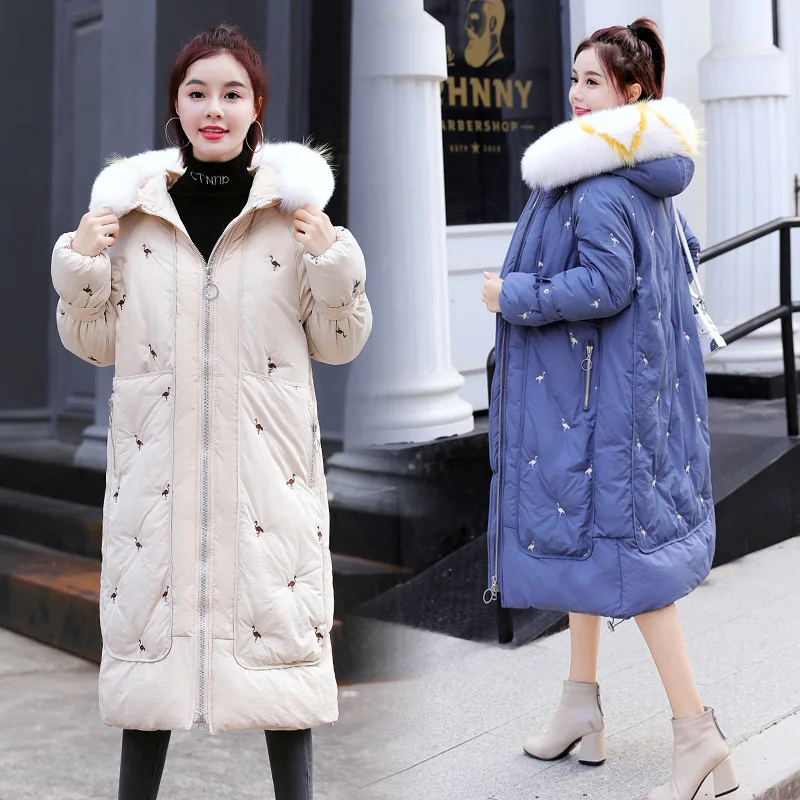 

2019 Winter Loose Thick Mid-length Large Fur Collar Cotton-padded Clothes Women's over-the-Knee down Jacket Cotton-padded Clothe