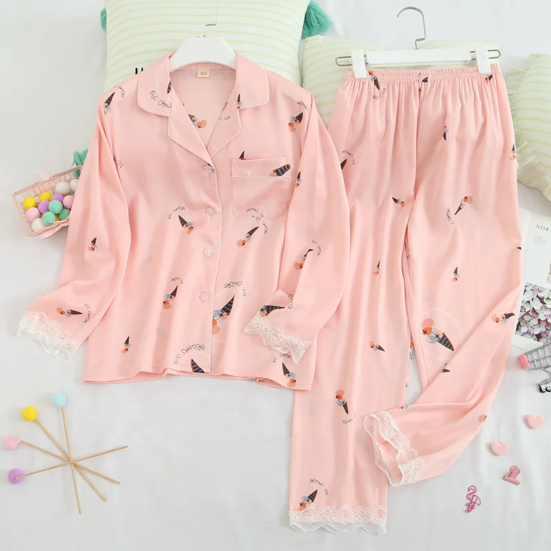 

2020 Women Pink Pajamas Set Long Sleeve 2 PCS Shirt&Pant Lace Sleep Set Pajamas Suit Casual Female 2PCS Nightwear Home Clothes