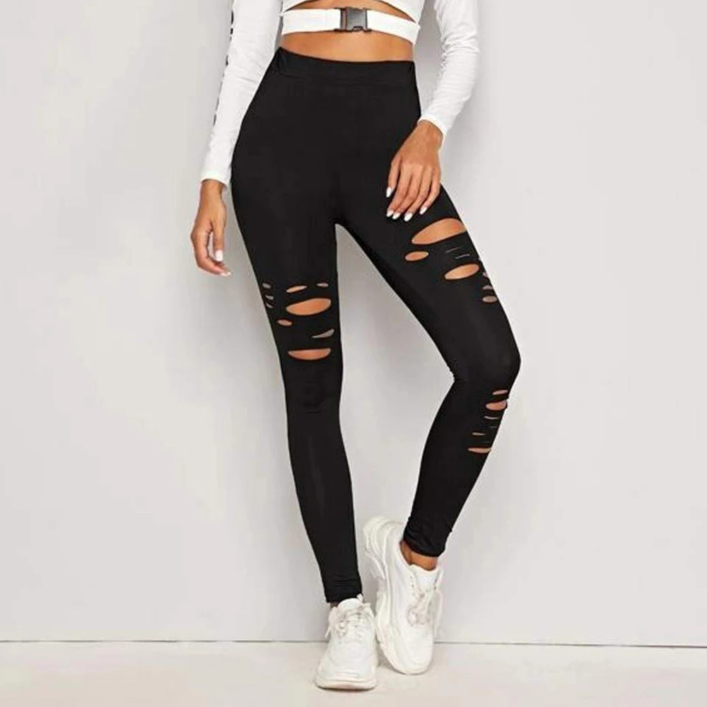 Summer Basic Strech Black Leggings Holes Ripped Leggings Punk Rock