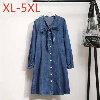 

New ladies autumn winter plus size midi denim dress for women large long sleeve loose casual button cotton bow dress 3XL 4XL 5XL