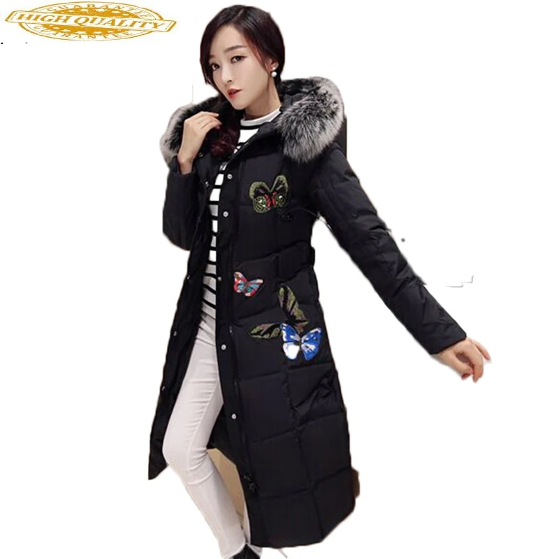 New Down Coat Fox Fur Thick Parkas for Women Winter Jacket Butterfly Embroidery Maxi Long Coats Duck LX161 | Женская одежда