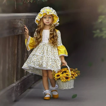 

EACHIN Girls Dresses Fashion Kids Floral Print Country Style Princess Flare Sleeves Dress Casual Baby Clothes Birthday Dresses