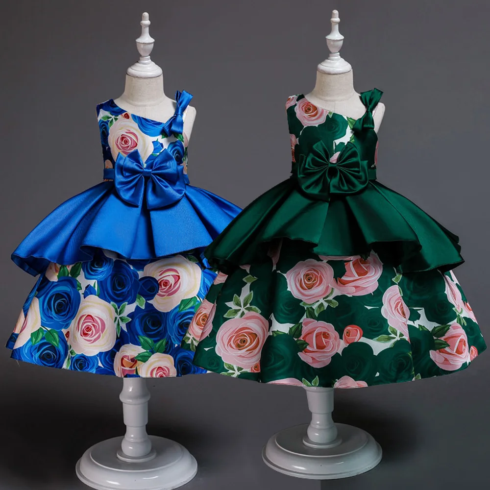 

Girls Satin Wedding Dresses Glossy Floral Print Princess Dress Birthday Wedding Party Ball Gowns Girls Frocks For 8 10 12 14 Yrs