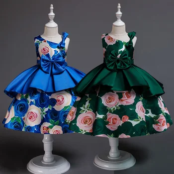 

Girls Satin Wedding Dresses Glossy Floral Print Princess Dress Birthday Wedding Party Ball Gowns Girls Frocks For 8 10 12 14 Yrs