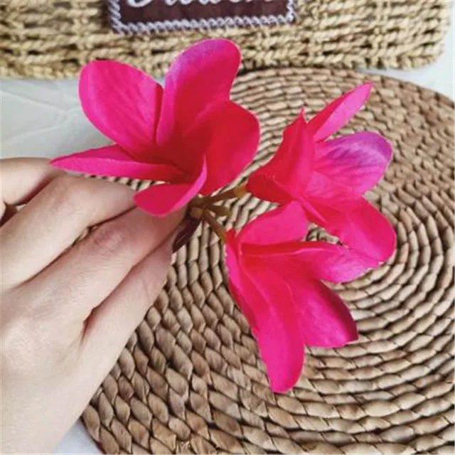 40pcs Artificial Frangipani Flower 3 Heads/Piece Silk Plumeria Rubra Flower Heads for Wedding Party Floral Decoration Rose Red
