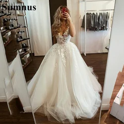 Sumnus Elegant Wedding Dress 2022 A-Line V-Neck V Neck Tulle Lace Appliques Princess Bride Gown Plus Size Vestidos De Noiva